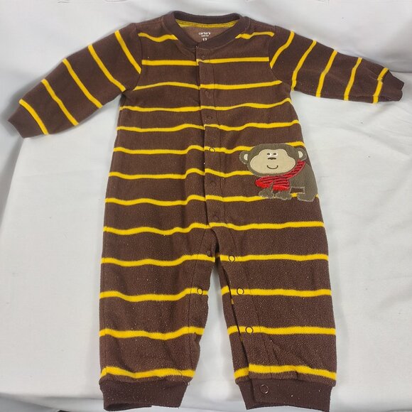 Carters Boy's Infant Brown/ Yellow Long Sleeve Fleece One Piece "Monkey" Sz 12 M - Picture 1 of 3
